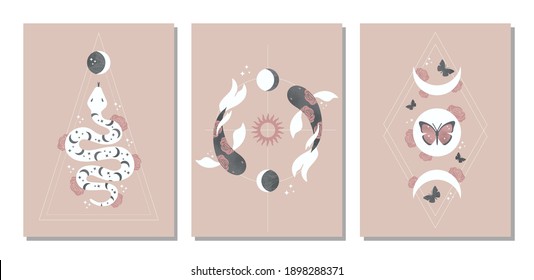 Set of magic esoteric posters. Various animals, snake, fish, butterfly, sun, moon, stars, floral elements,symbols. Pastel colors. Watercolor hand painted style. Vector illustration. 