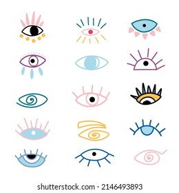 Set of magic evil eyes in cartoon style. Vector illustration different talismans for print, sticker, card
