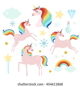 Set Of Magic Fairy Unicorn Elements, Isolated Vector Objects, Flat Design