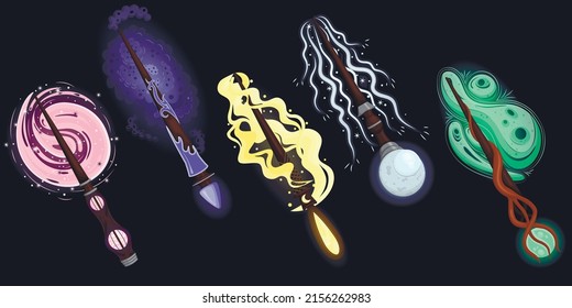 set of magic fairy wands with magic glow, dust, stars. Equipment of wizards and forest fairies.