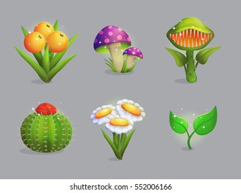 A set of magic fantasy alien plants and flowers. Mystery mushrooms and fruit, venus flytrap predator, cactus with flower and cute daffodils. Game and app ui icons.