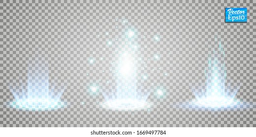 Set of magic fantasy portals. Futuristic teleport. Light effect Blue candles rays of a night scene with sparks on a transparent background. Empty podium light effect. Disco club dance floor. Vector
