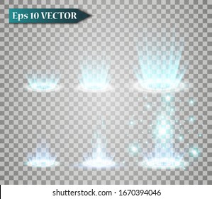 Set of magic fantasy portals. Futuristic teleport. Light effect Blue candles rays of a night scene with sparks on a transparent background. Empty podium light effect. Disco club dance floor. Vector