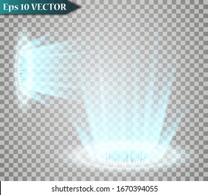 Set of magic fantasy portals. Futuristic teleport. Light effect Blue candles rays of a night scene with sparks on a transparent background. Empty podium light effect. Disco club dance floor. Vector