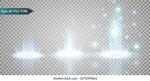Set of magic fantasy portals. Futuristic teleport. Light effect Blue candles rays of a night scene with sparks on a transparent background. Empty podium light effect. Disco club dance floor. Vector