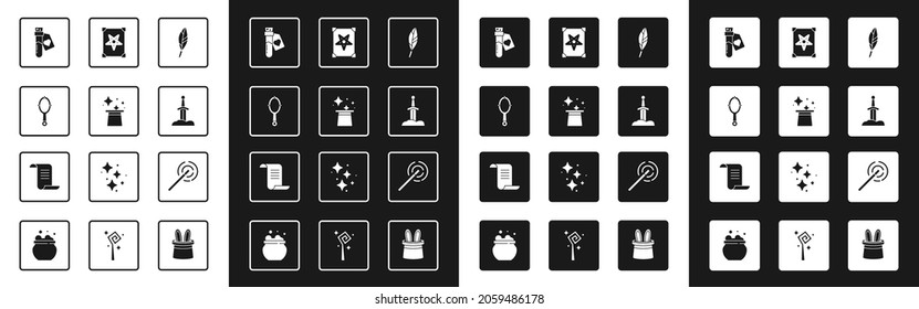 Set Magic feather, hat, hand mirror, Bottle with love potion, Sword in stone, Ancient magic book, wand and  icon. Vector