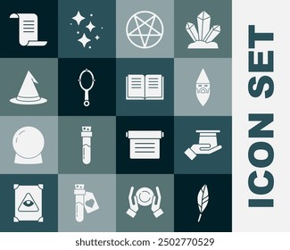 Set Magic feather, Magician hat in hand, Wizard warlock, Pentagram circle, mirror, Witch, Ancient magic book and  icon. Vector