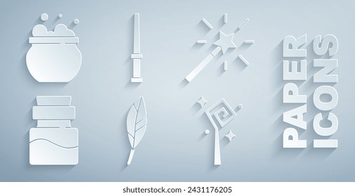 Set Magic feather, wand, Bottle with potion, staff,  and Witch cauldron icon. Vector