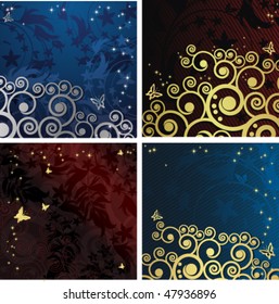 Set Magic floral background with golden curles.