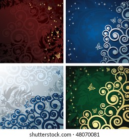 Set of Magic floral backgrounds with golden curles.