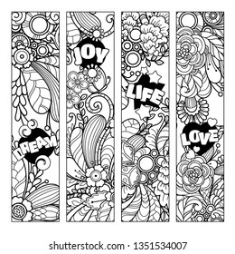 Set of magic floral composition in doodle style. Ornate, tribal, decor, linear design elements with lettring. Black and white background, banner, bookmark. Zentangle coloring book page