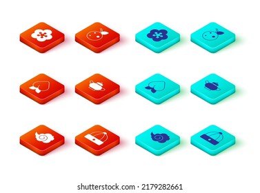 Set Magic fog or smoke, Chinese hat, Peach fruit nectarine, tea ceremony,  and Lotus flower icon. Vector