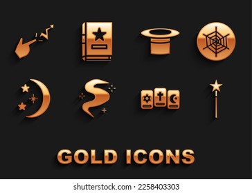 Set Magic fog or smoke, Spider web, wand, Three tarot cards, Moon stars, Magician hat, Spell and Ancient magic book icon. Vector