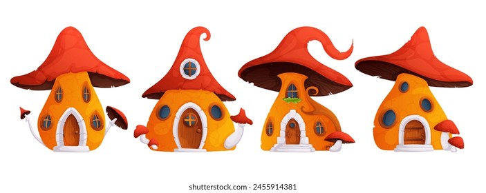 Set of magic forest or garden tiny home made from fungus with grass and flowers. Fantasy fairytale gnome or animal mushroom house.