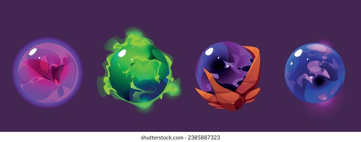 Juego de bolas mágicas de juego aisladas en el fondo. Ilustración de dibujos animados de cristales de energía en color púrpura neón, verde, azul con líquido, gas, textura abstracta, esferas mística de adivinación