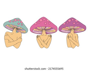 Set of magic girl with mushroom head. Psychedelic hallucination. Vibrant vector illustration. 70s hippie colorful art for t-shirt or sticker.