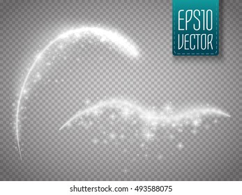Set of  magic glowing spark swirl trail effect isolated on transparent background. Bokeh glitter wave line with flying sparkling flash lights. Vector illustration