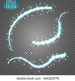 Set of magic glowing spark swirl trail effect isolated on transparent background. Bokeh glitter wave line with flying sparkling flash lights. Vector illustration
