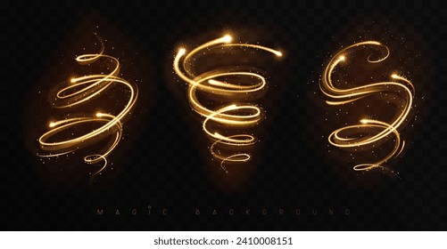 Set of Magic golden glowing shiny trail isolated on black transparent background. Vector illustration