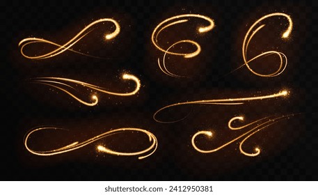 Conjunto de senderos brillantes y dorados mágicos aislados sobre fondo transparente negro. Ilustración del vector