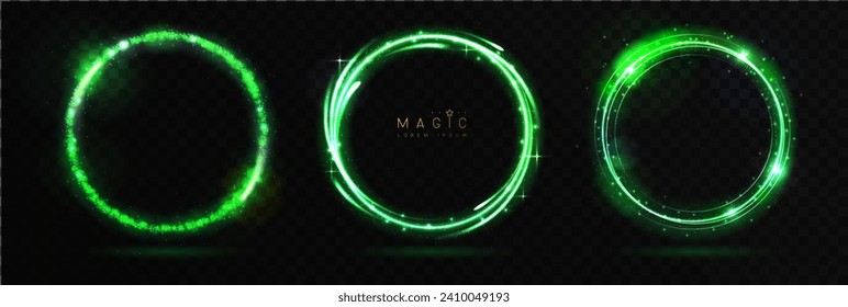 Set of Magic green glowing shiny trails or circles isolated on black transparent background. Vector illustration