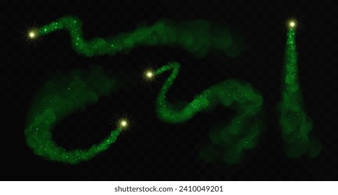 Set of Magic green glowing shiny trail isolated on black transparent background. Vector illustration