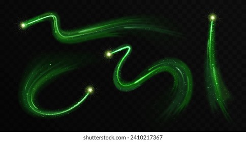 Set of Magic green glowing shiny trail isolated on black transparent background. Vector illustration