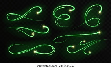 Set of Magic green glowing shiny trail isolated on black transparent background. Vector illustration