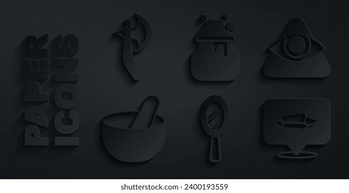 Set Magic hand mirror, All-seeing eye of God, Witch cauldron, stone,  and Wooden axe icon. Vector
