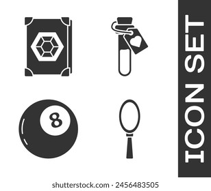 Set Espejo de mano mágico, libro de magia antigua, bola mágica de predicciones y botella con el icono de la poción del amor. Vector