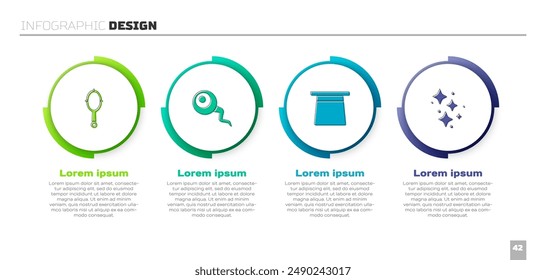 Set Magic hand mirror, Eye, hat and Sparkle stars with magic. Business infographic template. Vector