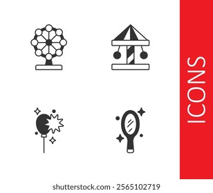 Set Magic hand mirror, Ferris wheel, Balloons with ribbon and Attraction carousel icon. Vector