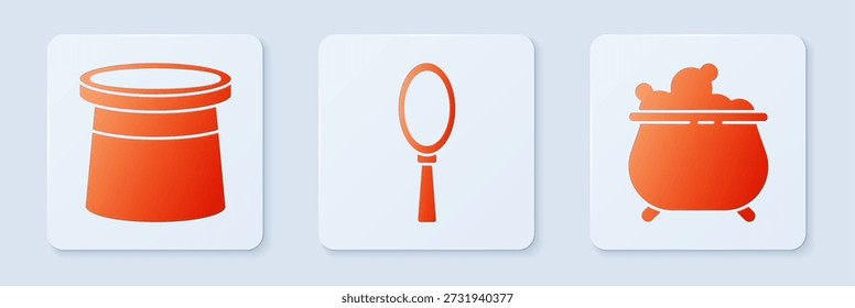 Espejo de mano mágico, sombrero de mago y caldero de bruja. Botón cuadrado blanco. Vector