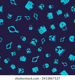 Set Magic hand mirror, Open padlock, Wallet and ball on seamless pattern. Vector