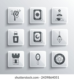 Set Magic hand mirror, Pentagram in circle, stone, Tarot cards, Castle tower, Bottle with potion, staff and Sword the icon. Vector