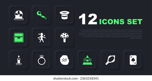 Set Magic hand mirror, Playing cards, Voodoo doll, All-seeing eye of God, Antique treasure chest, stone ring, staff and runes icon. Vector