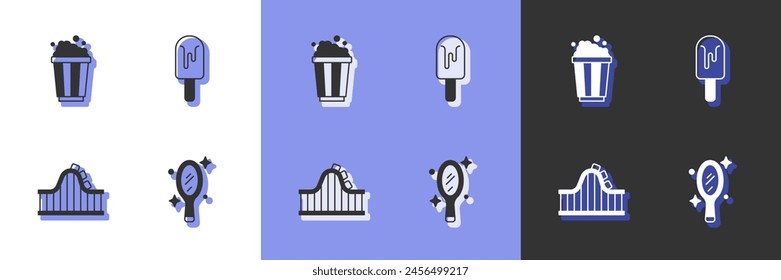Set Magic hand mirror, Popcorn in cardboard box, Roller coaster and Ice cream icon. Vector