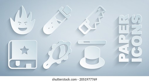 Set Magic hand mirror, Hand saw, Ancient magic book, hat wand, Bottle with potion and Fire flame icon. Vector