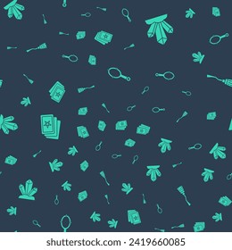 Set Magic hand mirror, stone, Three tarot cards and Witches broom on seamless pattern. Vector