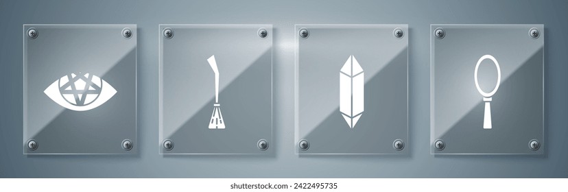 Set Magic hand mirror, Magic stone, Witches broom and Pentagram. Square glass panels. Vector