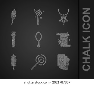 Set Magic hand mirror, wand, Three tarot cards, Ancient magic book, sword in fire, Bottle with potion, Pentagram necklace and feather icon. Vector