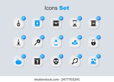 Set Magic hand mirror, wand, carpet, Poison apple, ball, Open padlock, Burning candle skull and Bottle with love potion icon. Vector