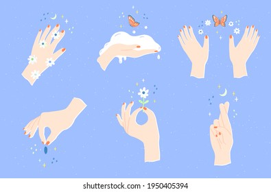 Set of magic hands with chamomiles, stars, spots and butterflies. Red manicure. Cartoon style. Abstract hand drawn colorful trendy vector illustration. Print idea. Fit for social media, bloggers.