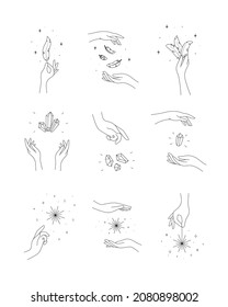 Set of magic hands with crystals, feathers and stars. Tarot astrological illustrations