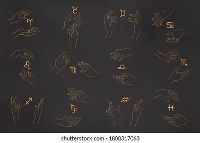 Set of magic hands with zodiac glyphs in outline style. Collection of isolated gestures and zodiac signs in golden color on black background. Vector illustrations for logotypes, prints, cards, clipart