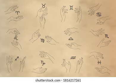 Set of magic hands with zodiac glyphs in outline style. Collection of isolated gestures and zodiac signs in golden color on black background. Vector illustrations for logotypes, prints, cards, clipart