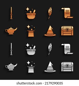 Set Magic Hat, Ancient Magic Book, Antique Treasure Chest, Witch, Lamp Or Aladdin, Feather, Wand And Cauldron Icon. Vector