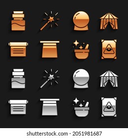 Set Magic hat, Circus tent, Ancient magic book, Witch cauldron, ball, Bottle with potion and wand icon. Vector