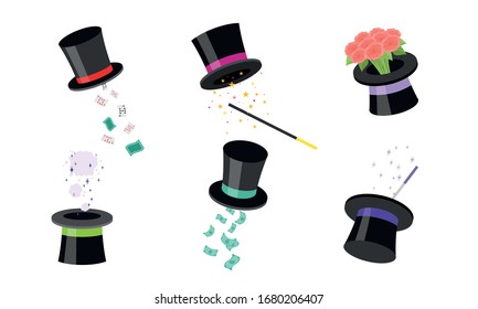 Set of the magic hat with different tricks. Vector illustration in flat cartoon style.