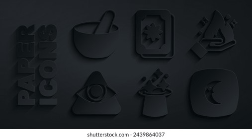 Set Magic hat, Hand holding fire, All-seeing eye of God, Moon stars, Tarot cards and Witch cauldron icon. Vector